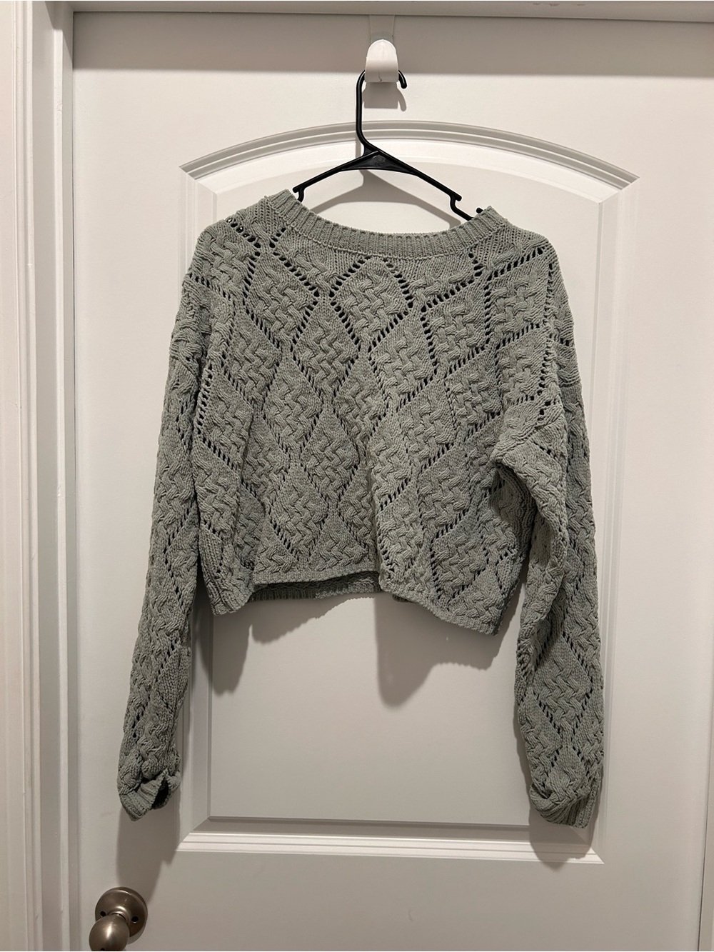 Sincerely Jules Cropped Openwork Knit Sweater in Sage Green